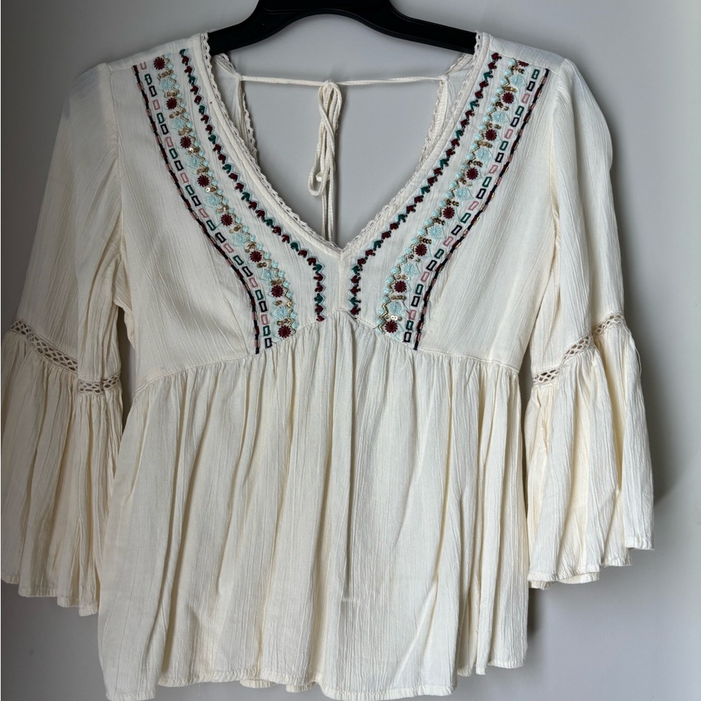 Angie Cream Bell Sleeve Embellished Blouse